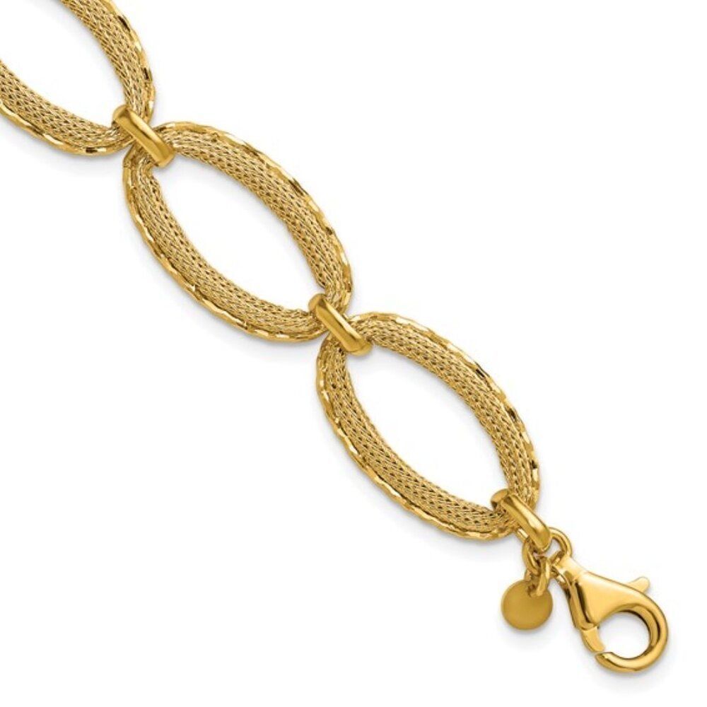 Leslie's 14K Polished and Textured Diamond Cut Oval Link Bracelet